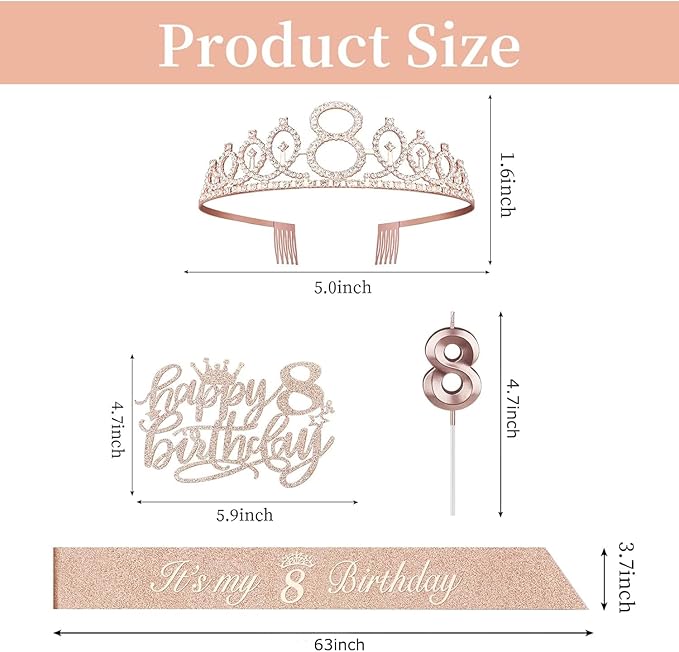 8th Birthday Decorations for Girl Including Sash, Crown, Numeral Candle and Cake Topper, 8 Year Old Girls Party Favor Supplies