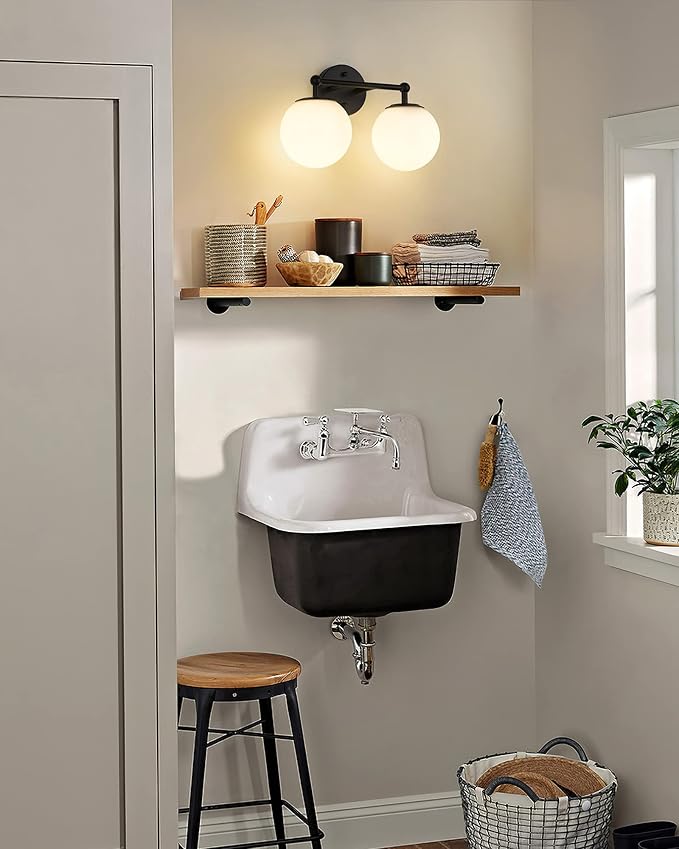 Black Vanity Light, 2 Light Black Modern Bathroom Light Fixtures Over Mirror with White Milk White Globe Glass Shade for Bathroom