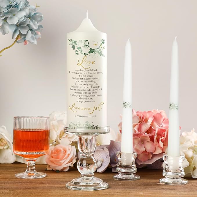 Extrogif 3 Unity Wedding Candles Set with Candle Holder for Ceremony Set, Glass Candlesticks and Pillar Taper Candles - Catholic Bible Religious Weddings Accessories