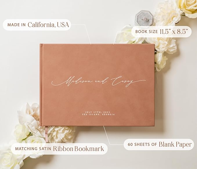 MUUJEE Personalized Guestbook in Old Rose - Premium Custom Modern Guest Book for Wedding Reception, Birthday Party or Events w/Bookmark Blank Pages for Signing 11.5 x 8.5 inches