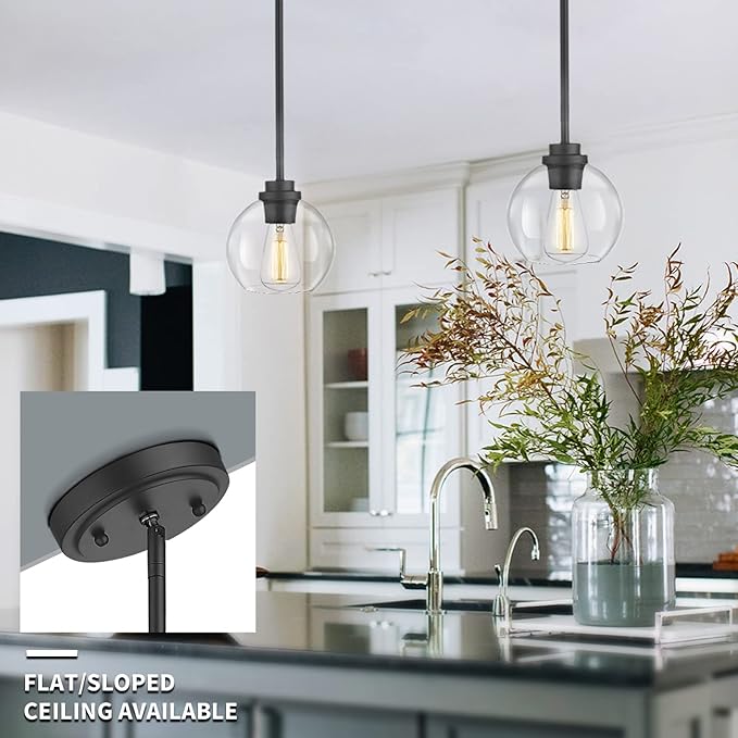 Pendant Light Fixtures,7 Inch Globe Black Pendant Lights Kitchen Island with Clear Glass, Modern Hanging Lights for Kitchen Island, Dining Room, Bedroom, Hallway, Farmhouse,1 Pack