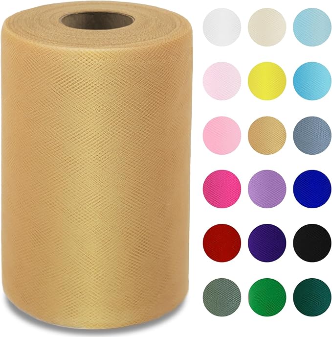 Honey Gold Tulle Fabric Roll 6" by 100 Yards (300 ft) Soft Tulle Spool for DIY Crafting Favor Supplies, Tutus, Wedding, Party Decorations, Gift Wrapping