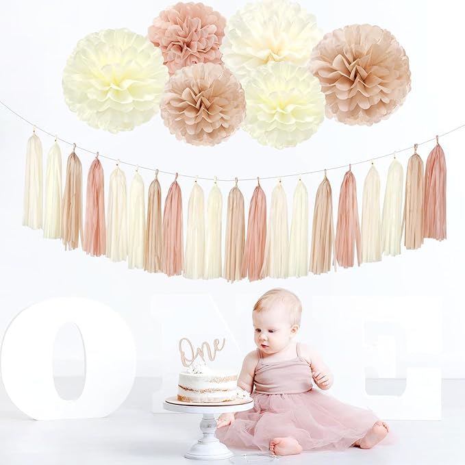 Champagne-Gold Beige Boho Baby-Shower Party-Decorations - 23pcs Fall Rustic Neutral Bridal Wedding Paper Tissue Pom Poms Streamers,Retro Tassel Garland,Girl Birthday Banner Decor Lasting Surprise