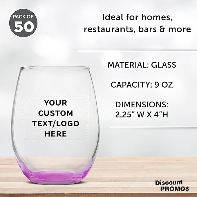 Custom Stemless Wine Glass 9 oz. Set of 50, Personalized Bulk Pack - Great for Wedding Favors, Bachelorette Party Decorations, Party Favors, Color Bottom - Pink