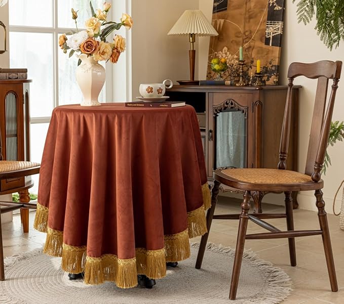 F-CHU Luxury Burnt Orange Tablecloth Thickset Velvet Tablecloth with Beautiful Gold Vintage Tassels Table Cloth for Home Decor Wedding, Party, Banquet and Events 67" Round