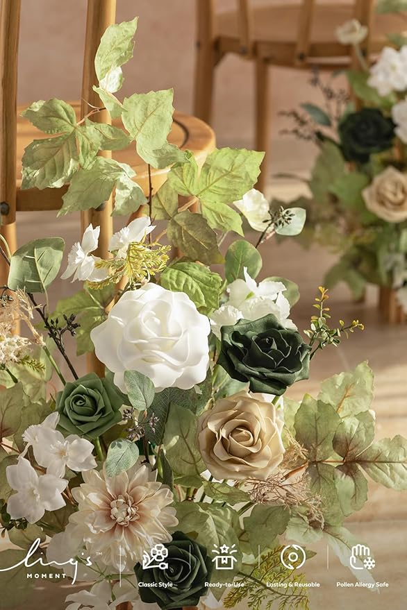 Ling's Moment 17.5" Tall Standing Artificial Flowers Arrangements 4pcs Fall Wedding Aisle Runner Chair Decorations Emerald & Tawny Beige Centerpieces for Ceremony Reception Rose Floral Party Outdoor
