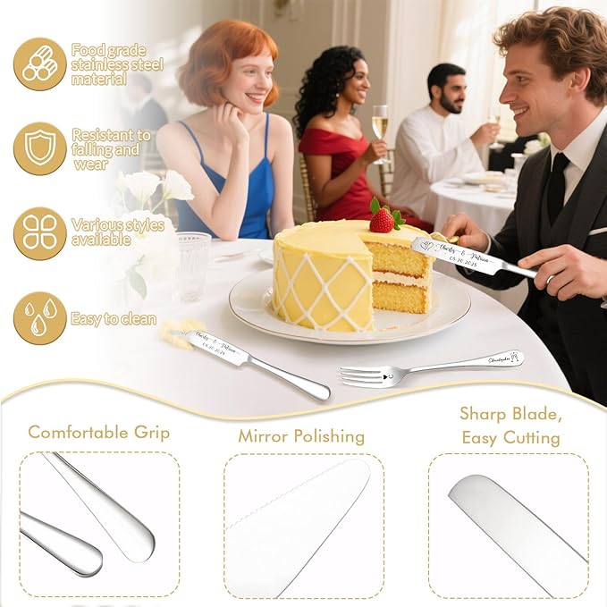 Custom Wedding Cake Knife and Server Set Personalized Cake Cutter with Engraved Text Bridal Cake Cutting Set with Gift Box for Weddings Anniversary Birthday (Silver - with fork)
