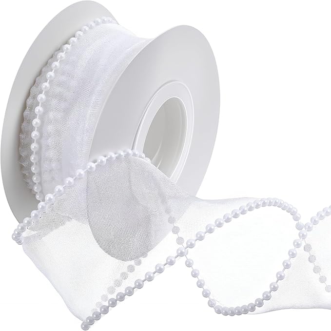 1.5 Inch Faux Pearl Ribbon, Smooth White Ribbon with Pearl Edges Wire, 4.5m Sheer Mesh Ribbons for Gift Wrapping, Bows Bouquet Decor Crafts, Wedding Bridal Decorations