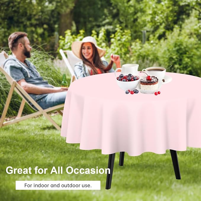 QIKSION Pink Round Tablecloth 6 Pack, 84 Inch Plastic Table Cloth Disposable for Parties