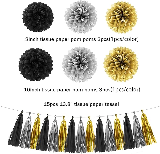 Silver Black Gold Party Decorations - 23pcs Tissue Paper Flowers Pom Poms Tassel Garland Pennant Banner Flags Streamers Birthday New Years Eve Retirement Graduation Classroom Hanging Decor Supplies
