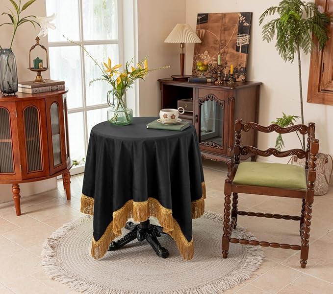 F-CHU Luxury Black Tablecloth Thickset Velvet Tablecloth with Beautiful Gold Tassels Table Cloth for Home Decor Wedding, Party, Banquet and Events 60x102-Inch