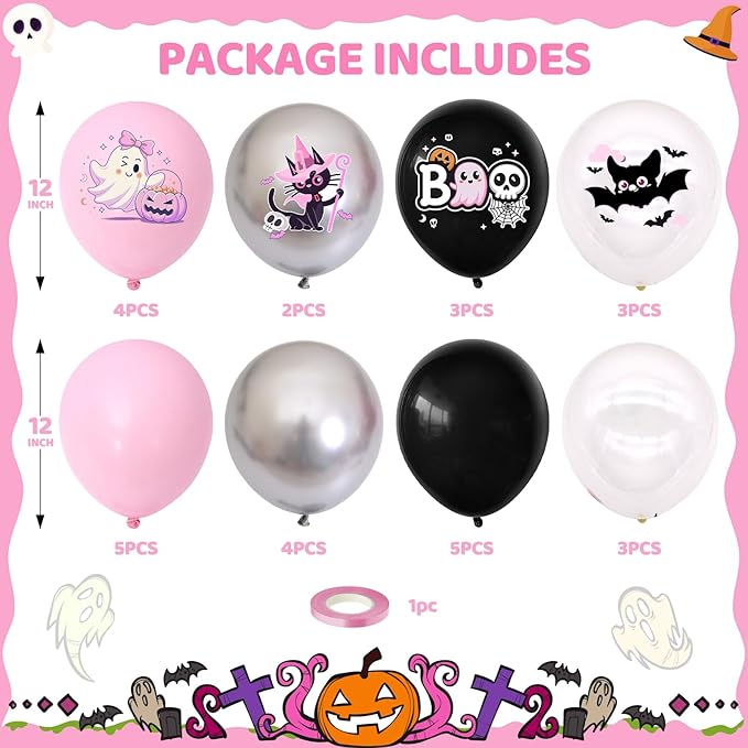 Halloween Party Balloons Decorations,12 Inch Pink and Black Balloons Set Pink Silver Print Balloon Cute Balloon for Halloween Themed Party Supplies
