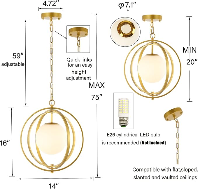 Gold Orb Chandelier 1 Light Globe Pendant Light Fixtures with White Globe Glass Lampshade Hanging Ceiling Light for Dining & Living Room, Bedroom, Foyer and Kitchen Island