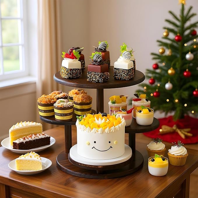 4 Tier Round Cupcake Tower Stand, Wooden Rotatable Cupcake Stand for 50 Cupcakes 360° Whirling Large Dessert Display Tiered Rustic Cake Tower for Wedding Birthday Graduation Baby Shower Tea Party