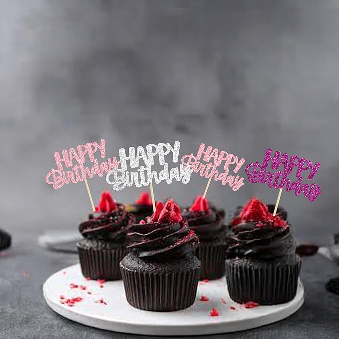 Gyufise 24Pcs Happy Birthday Cupcake Toppers Glitter Birthday Cupcake Food Picks for Celebrating Happy Hallowenn Theme Party Cake Decorations Supplies Purple White Silver