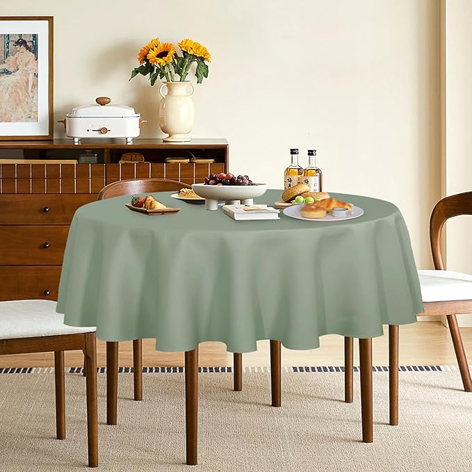 sancua Round Tablecloth - 60 Inch - Water Resistant Spill Proof Washable Polyester Table Cloth Decorative Fabric Table Cover for Dining Tables, Buffet Parties and Camping, Sage Green