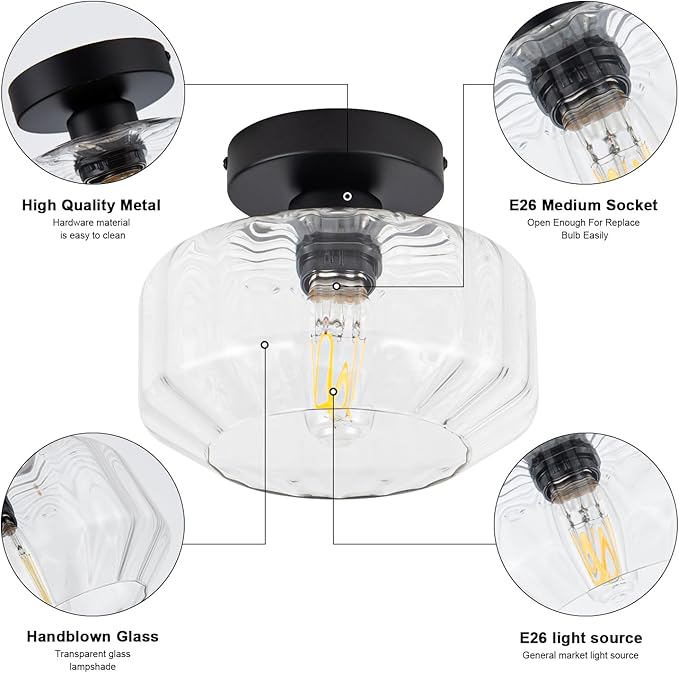 Semi Flush Mount Ceiling Light with Hexagonal Diamond Textured Glass, Matte Black Base & Includes 1200LM LED Bulb - Kitchen Lighting, Hallway Light Fixture, Bathroom Ceiling Light Fixture