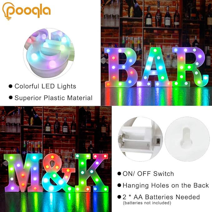 Pooqla Colorful LED Marquee Letter Lights with Remote – Light Up Marquee Signs – Party Bar Letters with Lights Decorations for The Home - Multicolor F