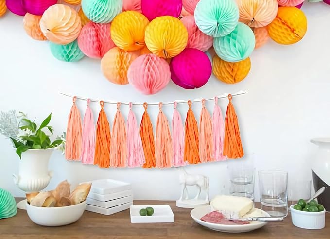 Pink and Orange Paper Tissue Tassel Garland Banner for Pink and Orange Decorations,Rose red Pink and Orange,15 Pcs