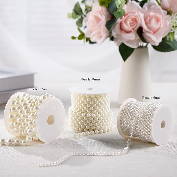 Craft String Pearls Bead 6MM, 33 Feet Ivory Fake Pearl Garland Beads Trim for Wedding Christmas Tree Decorations DIY
