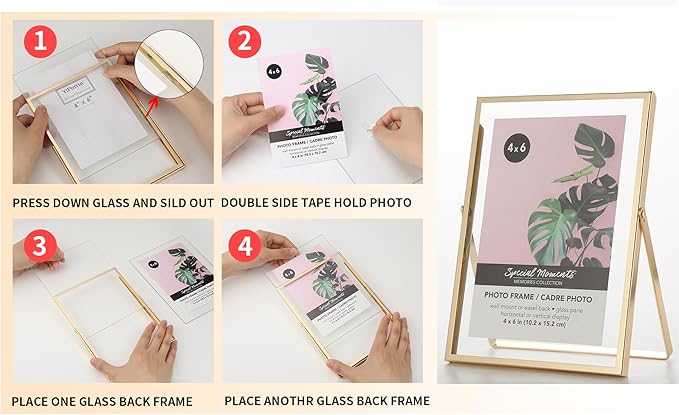 7x9'' Silver' Double Floating Frame For Photo Sizes (4x 6''5x7'',6x8''),Adjustable Tabletop/Shelf Photo Frame,Gift for Wedding,Birthady, Home or Office Decor.