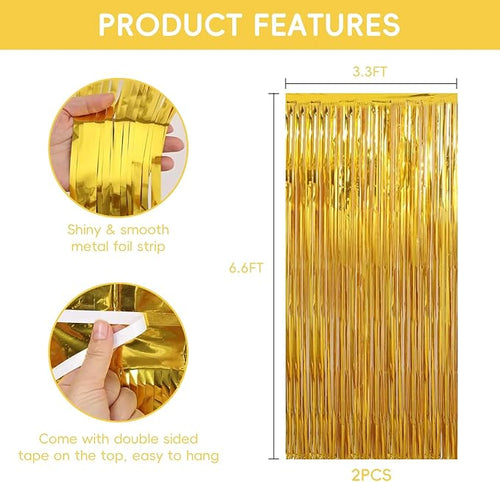 2 Pack Gold Christmas Streamers Party Decorations Gold Tinsel Backdrop Supplies Foil Curtain Backdrop for Baby Shower Birthday Bachelorette Wedding Engagement Holiday Celebration Party Decorations