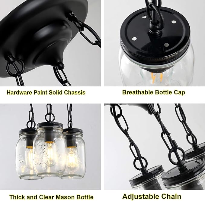 Black Pendant Lights, 3-Light Clear Glass Pendant Lights Kitchen Island, Mason Jar Light Fixtures, Farmhouse Mason Jar Pendant Lighting for Kitchen Dining Room Bedroom Hallway Entryway