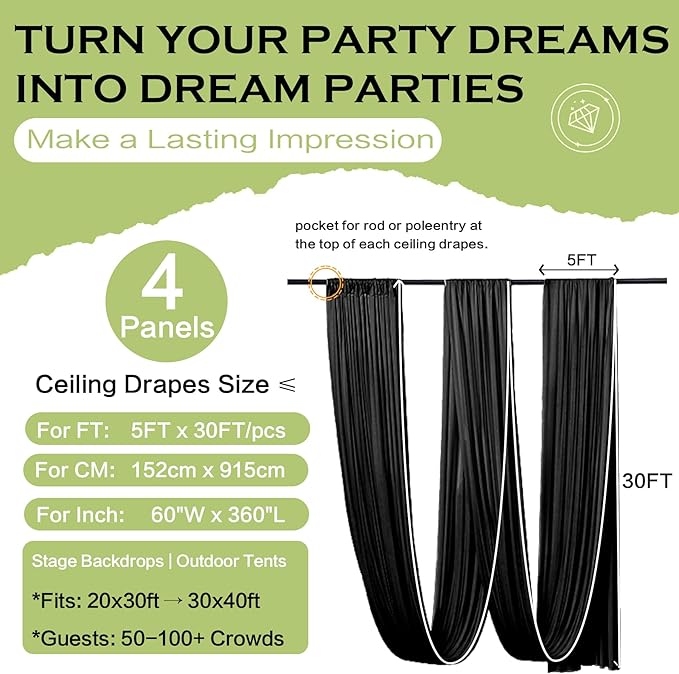 PartyVillage 4 Panels 5ftx30ft Black Ceiling Drapes for Halloween Parties – 30 FT Extra Long Thick Polyester Wrinkle-Free Drapery Tent Decor Decorations for Birthday Party Ceremony Stage Swag