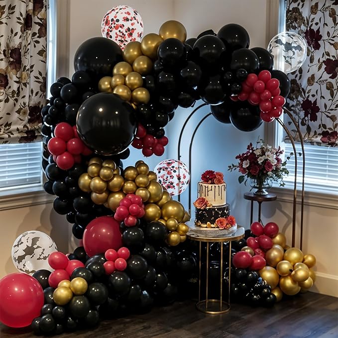 Black Burgundy Balloons, 52 PCS Burgundy Gold Balloons, 12 Inch Red Black Latex Balloon with Confetti Bat Printed Balloon for Kids Party Decorations