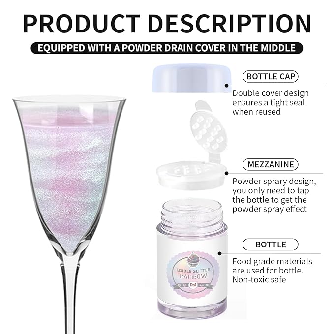Edible Luster Dust 8 Colors Set - Edible Glitter for Cocktails, Rainbow Food Grade Powder Glitter for Drinks, Chocolate, Cake Decorating | Vegan, Sugar-Free, Gluten-Free -3g