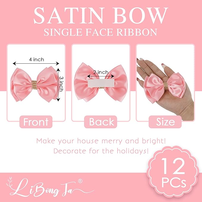 Pink Ribbon Bow 4'' Premade Pink Satin Bow, Gift Bows with Rhinestone, Wrapping Bows for Presents, Greeting Cards, Treat Bags, Wine Bottles, Pink Valentines Bows for Gift Wrapping-12 Counts