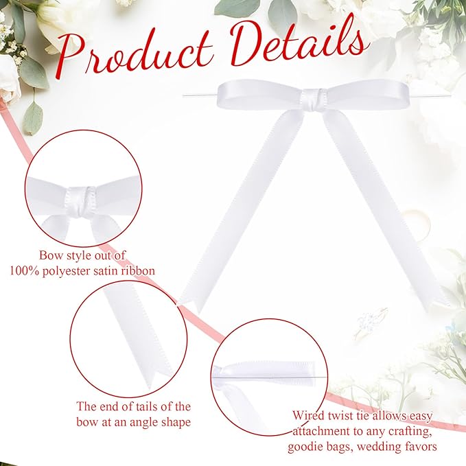 Riceshoot 50 Pcs Twist Tie Bows for Cake 3x4.5 Inch Satin Ribbon Bows for Gift Wrapping Treat Bags Craft DIY Wedding Baby Shower Birthday Party(White)