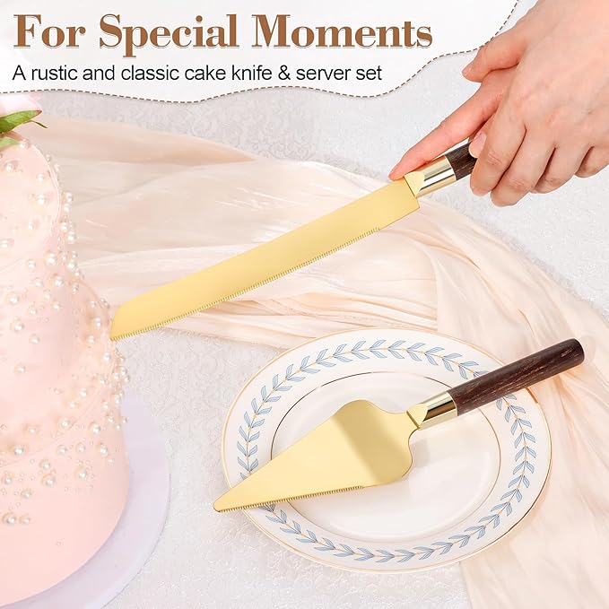 Gold Cake Cutting Set for Wedding, Wood Cake Knife and Server Set, Vintage 2-Piece Pie Cutter Set, Serrated Pizza Dessert Utensils, Bridal Birthday Quinceañera Gift (Walnut color)