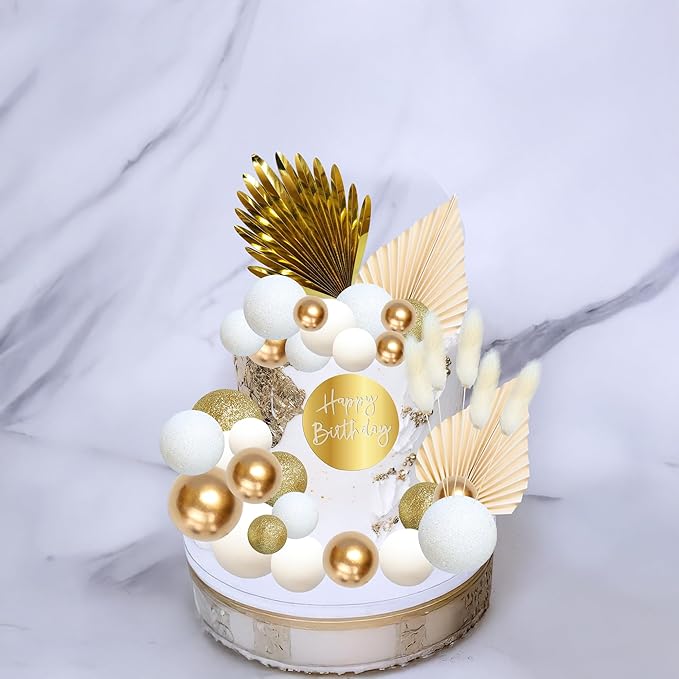 Ephlyn 33 Pack Balls Cake Toppers Boho Palm Leaves Cake Decorations Round Acrylic Happy Birthday Cupcake Toppers for Birthday Wedding Baby Shower Party Supplies Gold White