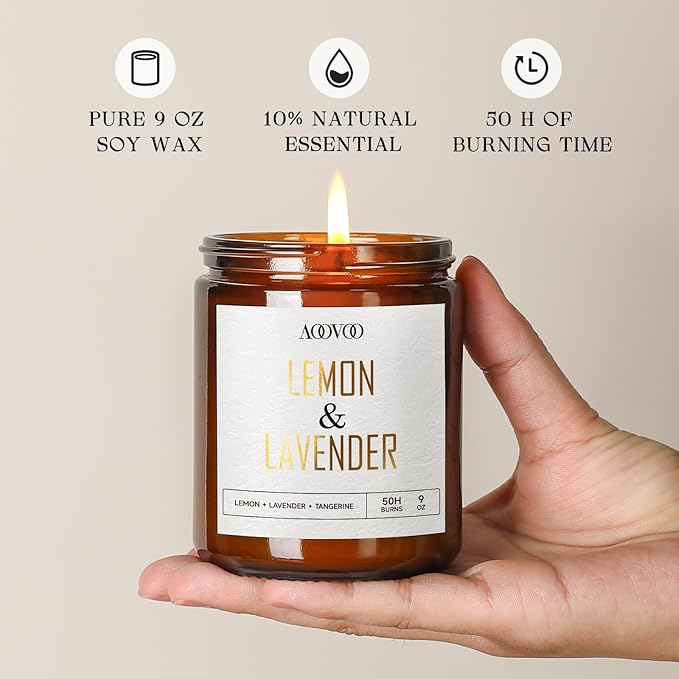 AOOVOO Lemon Lavender Scented Candle - Lavender, Soy Wax, Aromatherapy, 9oz