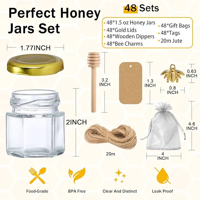 Aliggbent 48 Pack Mini Honey Jars Party Favors in Bulk, 1.5 oz Small Hexagon Glass Honey Jars with Dippers, Gold Lids, Bee Charms, Gift Bags and Jute - Great for Baby Showers, Weddings & Birthdays