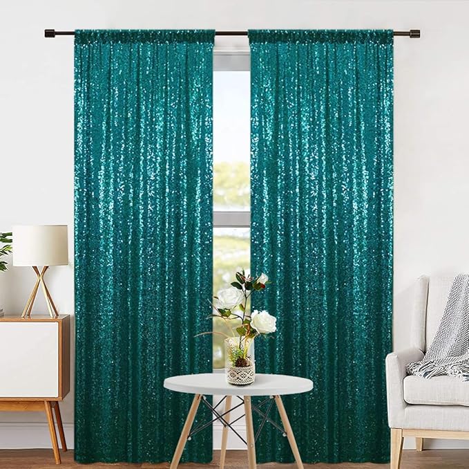 Eternal Beauty Teal Sequin Backdrop Curtains, Shimmer Back Drop 4Panels-2FTx8FT for Christmas, Party, Birthday, Photography, Wedding, Baby Shower Event Decoration