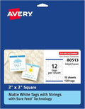 Avery Square Tags, Sure Feed Technology, 2" x 2", Matte White, Strings Included, 120 Total, Print-to-The-Edge, Laser/Inkjet Printable (80513)