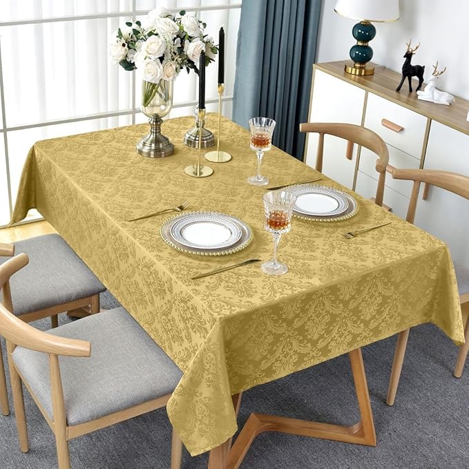SASTYBALE Rectangle Jacquard Tablecloth - 52 x 70 Inch Spill Proof Wrinkle Resistant Damask Table Cloth, Soft Polyester Oblong Table Cover for Kitchen Parties Farmhouse, Gold