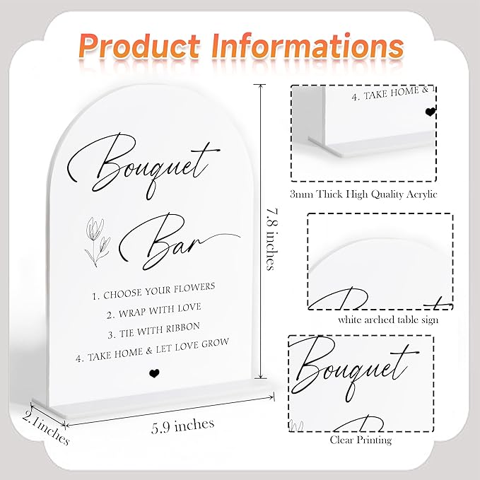 Bouquet bar Sign, White Arch Acrylic Wedding Sign, Flower Bar Supplies, Wedding Reception Decorations, Bridal Shower Decor, Engagement Party Decor, Centerpiece Table Decorations Party-9