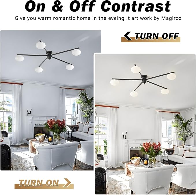 5 Lights Mid Century Modern Black Sputnik Semi Flush Mount Ceiling Light Vintage Glass Close to Ceiling Light Fixtures Industrial Metal Ceiling Chandelier Glass Globe Hall Light MCL05-BK