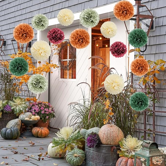 Fall Party Decorations 16pcs Orange Green Tissue Pom Pom Decorations Burgundy Sage Green Fall Decorations for Autumn Bridal Shower Baby Shower Wedding Birthday Engagement Party Decorations