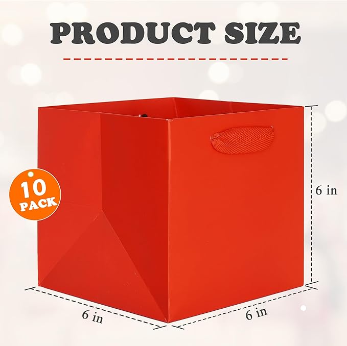ADIDO EVA Red Square Gift Bags Small Size Square Bottom Paper Bags with Handles for Party Favor, Shopping Packaging Bags (6x6x6 IN, 10 CT)
