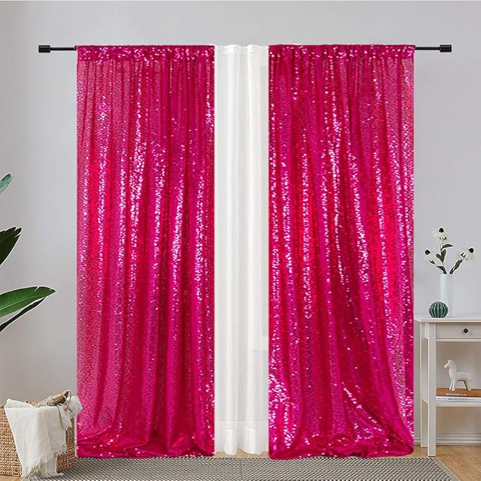 Eternal Beauty Hot Pink Sequin Backdrop Curtains, Shimmer Back Drop 4Panels-2FTx8FT for Christmas, Party, Birthday, Photography, Wedding, Baby Shower Event Decoration