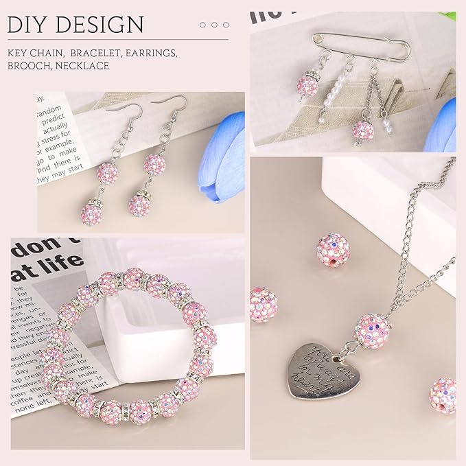 150pcs 10mm Rhinestone Beads for Jewelry Making, Pink AB Shiny Round Shamballa Disco Beads Bulk, Sparkle Crystal Clay Christmas for Bracelet Baseball Necklace Earring Crafting and DIY