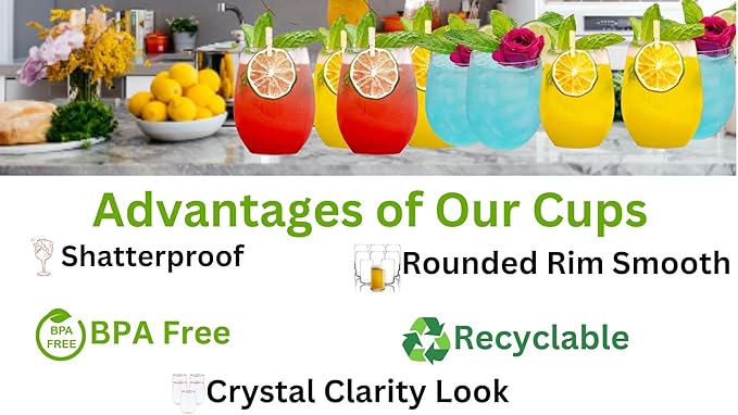 36 piece Stemless Unbreakable Crystal Clear Plastic Wine Glasses Set of 36 (9 Ounces)