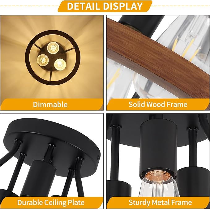 Modern Farmhouse Wood Semi Flush Mount Ceiling Light, Hallway Entryway Light Fixtures, 3-Light Rustic Industrial Ceiling Lamp for Kitchen Bedroom Dining Room Laundry Room Lighting, UL-Listed