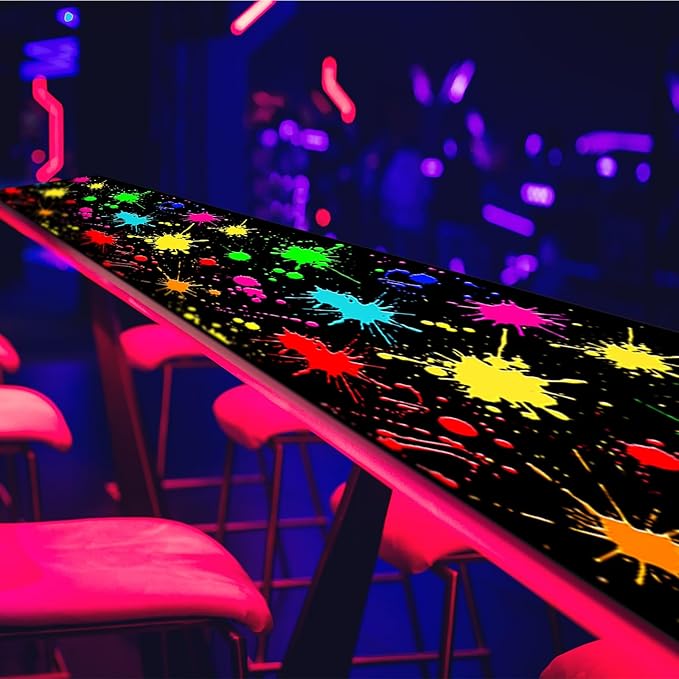 Haull 118 x 39 Inch Neon Light up Dance Floor Glow in The Dark Runner UV Reactive Blacklight Floor Aisle Runner Decor Wall Props for 80s 90s Neon Birthday Party Decorations(Paint Splatter)