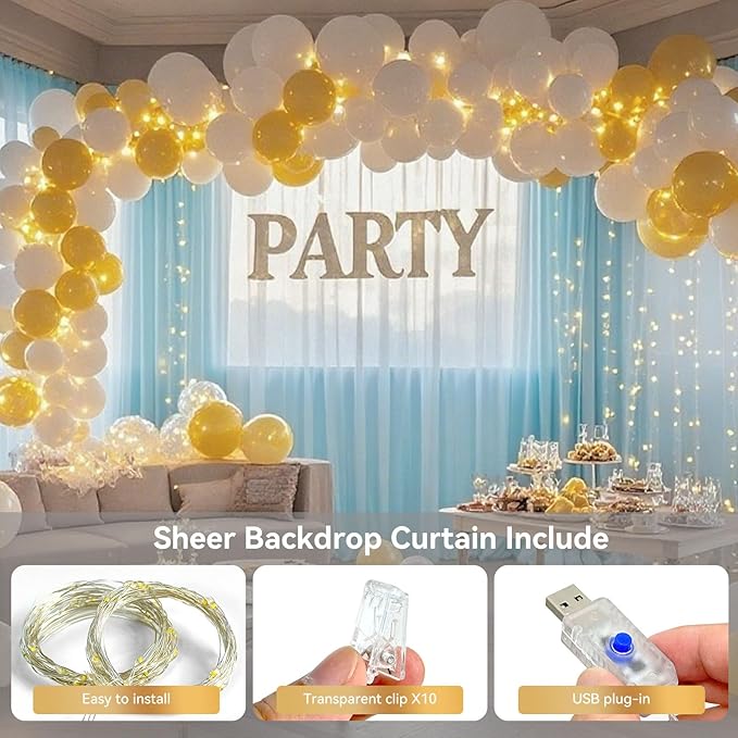 Ledido 10×10ft Tulle Backdrop Curtains with Lights String - 300LED Fairy Lights Sheer Curtain Backdrop for Weddings Baby Shower and Birthday Party Decorations(2 Panels 5×10ft)