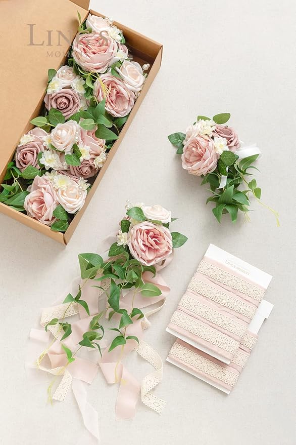 Ling's moment 8pcs Wedding Artificial Aisle Pew Flowers Chair Decorations Arrangements with Chiffon Ribbons Dusty Rose Cream for Ceremony Chair Back Floral Decor Reception Church Party Outdoor